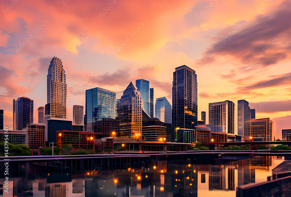 Fototapeta premium big glass cities skyline at sunset