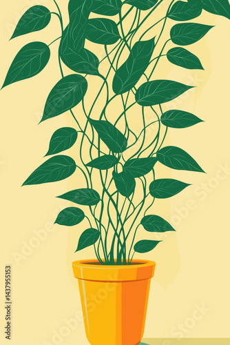 Green vine plants cascading from a bright yellow pot.