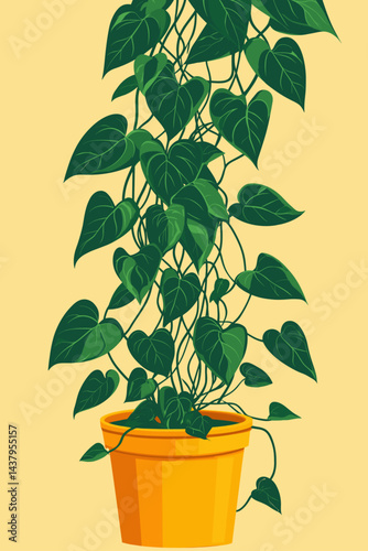 Green vine plants cascading from a bright yellow pot.