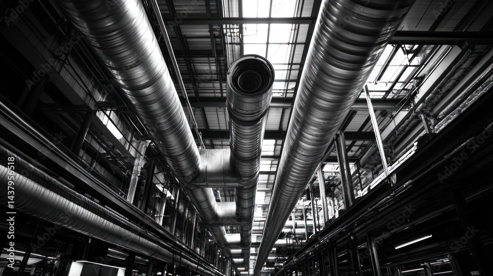 Naklejka premium Industrial interior. Large pipes and metal structures