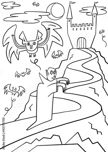 A Vampire Going to a Haunted Castle surrounded by Bats