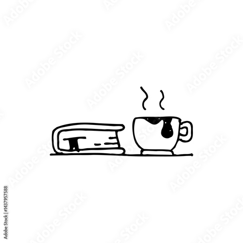 cute hand drawn vector illustration of books and coffee in black and white style