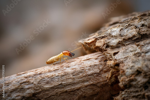 A lone termite worker climbing a fallen branch, visible in sharp focus as it moves across the bark. The natural texture of the wood and soft background add depth to the scene.