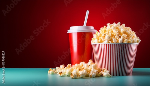 cinema popcorn and soft drink on red gradient background movie night snack concept with copy space and room for text