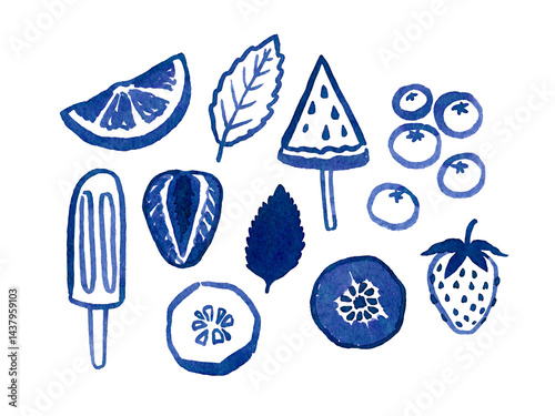 Hand drawn watercolour summer illustration with sliced fruits and berries, with coastal resort vibe. Use as print, poster, element design, textile, label, stocker, tattoo.