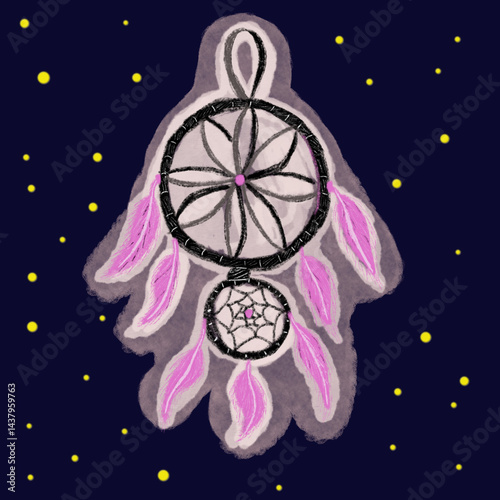 Vector hand drawn illustration of a dream catcher with feathers. Dream catcher on a dark blue background with stars. Blurred background. Hand drawing, feather, net, circle. Magic illustration.