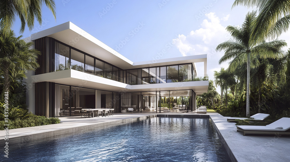 Fototapeta premium Modern mansion with lap pool, palm trees, and sleek design, exuding luxury and tranquility
