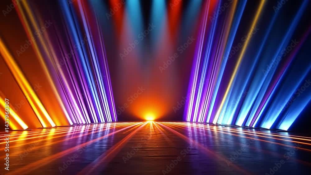 Vibrant stage lights create stunning visual display with colorful beams illuminating dark, evoking excitement and anticipation for unforgettable performance.