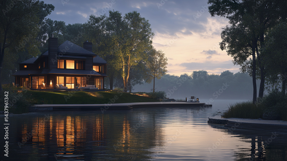 Fototapeta premium serene modern house by still river at dusk, surrounded by lush trees and soft lighting
