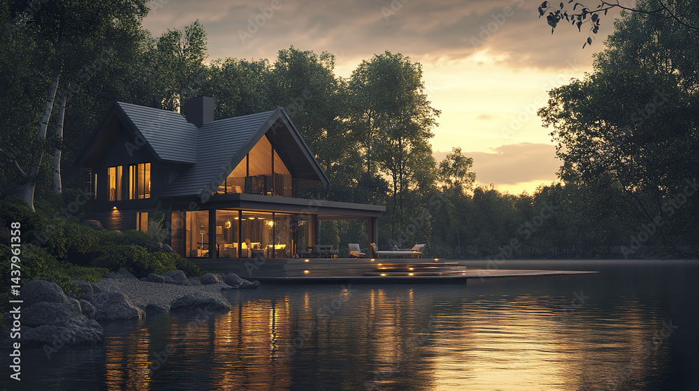Fototapeta premium serene modern house by still river at dusk, surrounded by lush trees and nature beauty