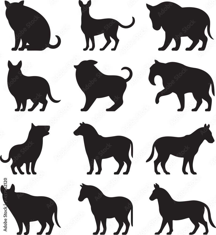 Obraz premium Twelve Animal Silhouettes Collection Black and White