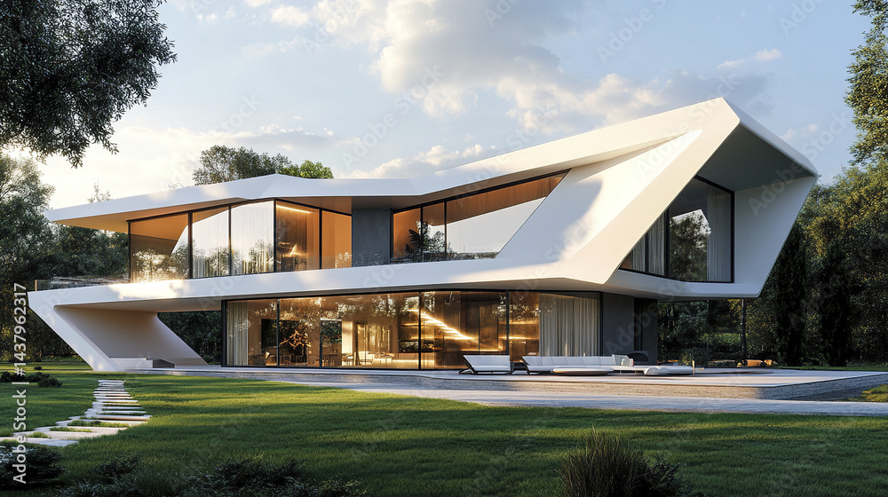 Obraz premium Elegant contemporary house with geometric shapes and large windows, surrounded by greenery
