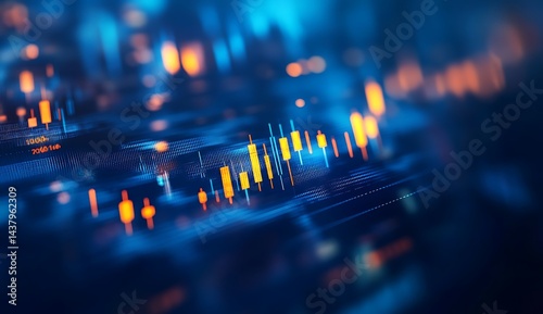 Stock market performance chart featuring rising blue and orange bar lines on a dark background, illustrating financial growth and investment trends.