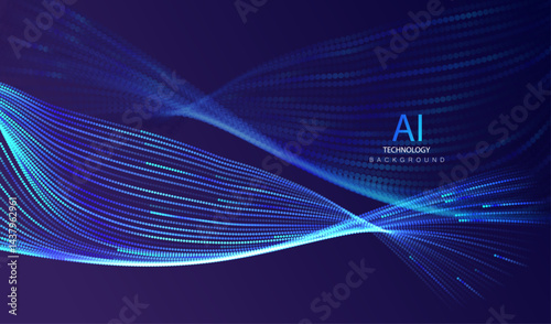Technology Artificial Intelligence particles banner. Ai big data stream blue waves neon background. Futuristic network connect vector blurred design.