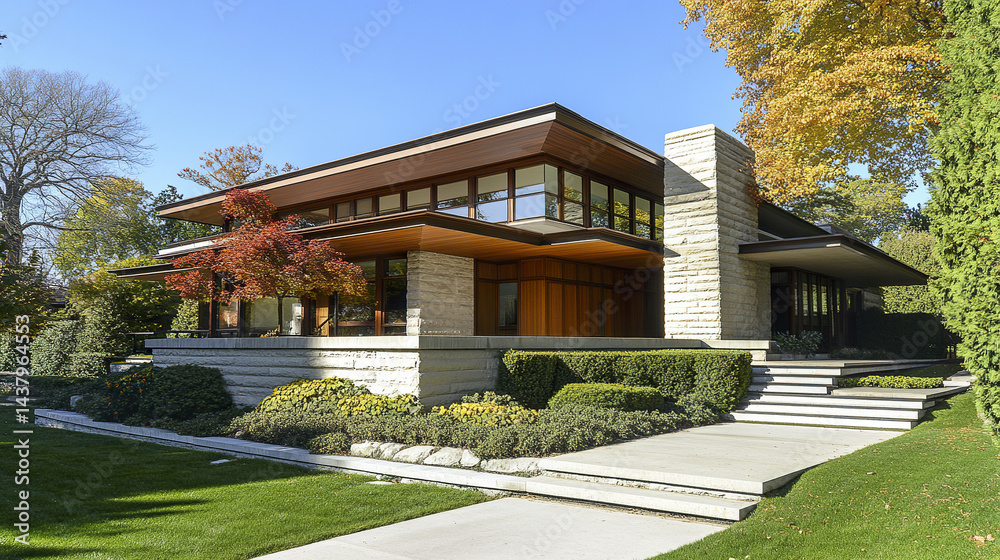 Fototapeta premium Elegant modern house with tall stone columns and lush landscaping, showcasing architectural