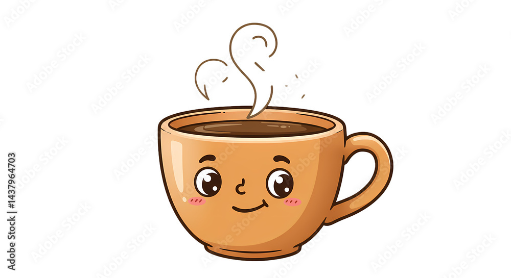 Obraz premium A cute cartoon coffee cup with a smiling face and rising steam, set against a black background, exudes warmth and cheerfulness.