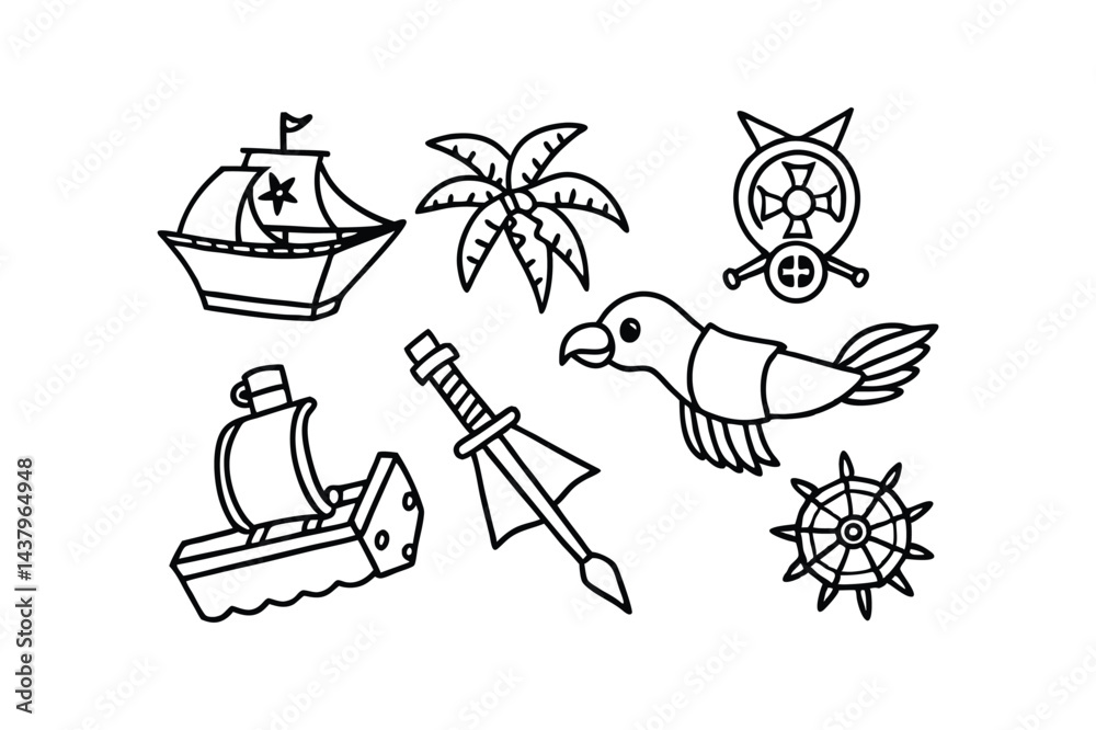Obraz premium Pirate Adventure Doodles with Ships Parrots Maps and Treasure