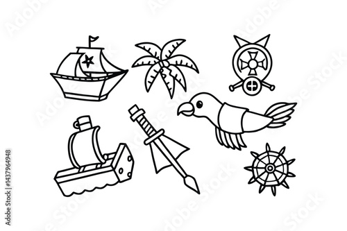 Pirate Adventure Doodles with Ships Parrots Maps and Treasure