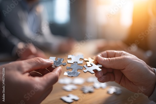 Collaborative Problem Solving with Puzzle Pieces in Hands During Teamwork Session Focused on Strategy and Communication in Modern Office Environment