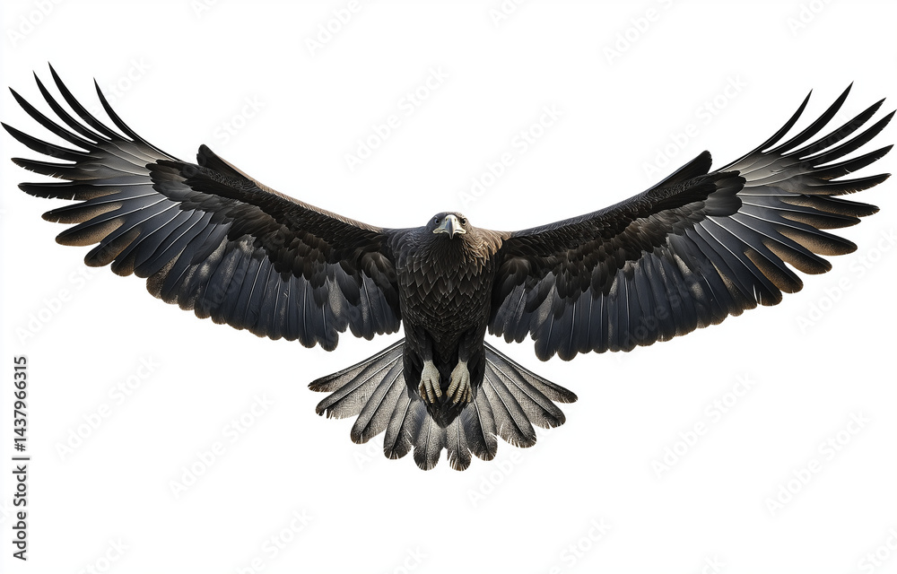 Obraz premium Bald eagle flying with spread wings, isolated on a white background. [Photograph, PNG format, bird, eagle, flight,