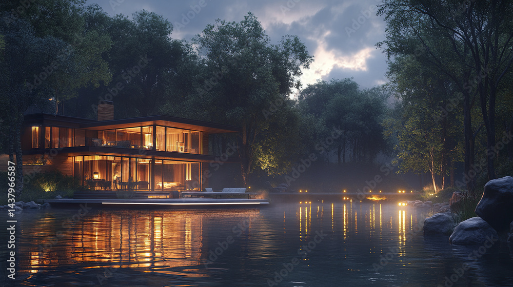 Fototapeta premium serene evening scene of modern house by river, illuminated by warm lights, surrounded by lush