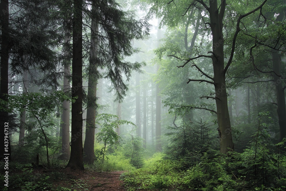 Mystical forest scene shrouded in dense fog capturing the enchanting atmosphere of nature s beauty and serenity in a tranquil woodland landscape Mystical forest scene shrouded in dense fog capturing the enchanting atmosphere of nature s beauty and serenity in a tranquil woodland landscape