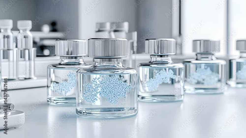 A close up shot of glass bottles filled with liquid and what appears to be tiny blue structures. Suggests scientific research or pharmaceutical applications. A close up shot of glass bottles filled with liquid and what appears to be tiny blue structures. Suggests scientific research or pharmaceutical applications.