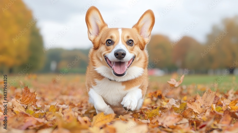 Happy dog running through autumn leaves. A joyful corgi runs through a blanket of colorful autumn leaves in a park. Its ears perk up, and its mouth is open in a happy expression Happy dog running through autumn leaves. A joyful corgi runs through a blanket of colorful autumn leaves in a park. Its ears perk up, and its mouth is open in a happy expression
