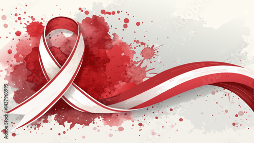 Watercolor Red Ribbon Background – Flowing Abstract Strokes Symbolizing Unity & Altruism (Copy Space Left)