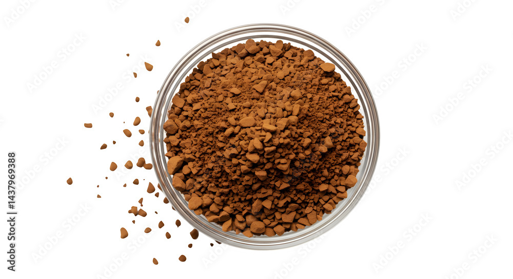 Close up of instant coffee granules in a clear bowl against a stark black background image view transparent background, white background. isolated on transparent background, png, jpeg, jpg, Close up of instant coffee granules in a clear bowl against a stark black background image view transparent background, white background. isolated on transparent background, png, jpeg, jpg,