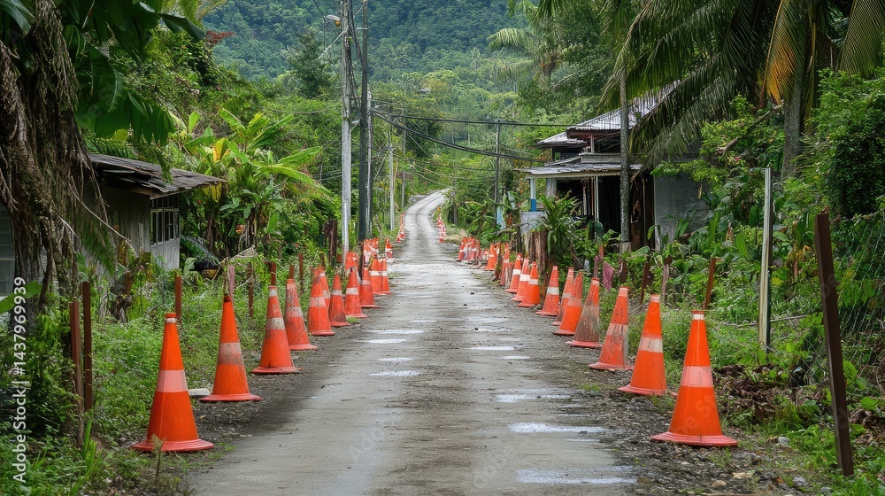 A deserted road marked with traffic cones in preparation for future road repairs, surrounded by greenery and stillness A deserted road marked with traffic cones in preparation for future road repairs, surrounded by greenery and stillness