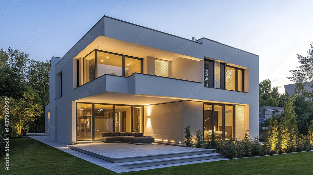 Fototapeta premium Modern house exterior with smooth plaster and large windows, showcasing elegant design