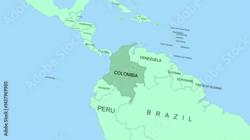  Colombia on world map animated, slow movement, 4K.