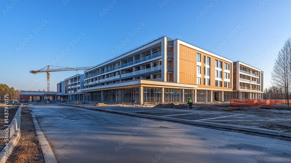 Obraz premium Modern apartment building under construction with retail spaces on the ground floor, crane visible in the background.