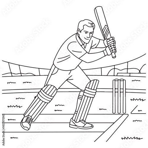 Cricket player in action, swinging the bat, ideal for an energetic coloring activity.
