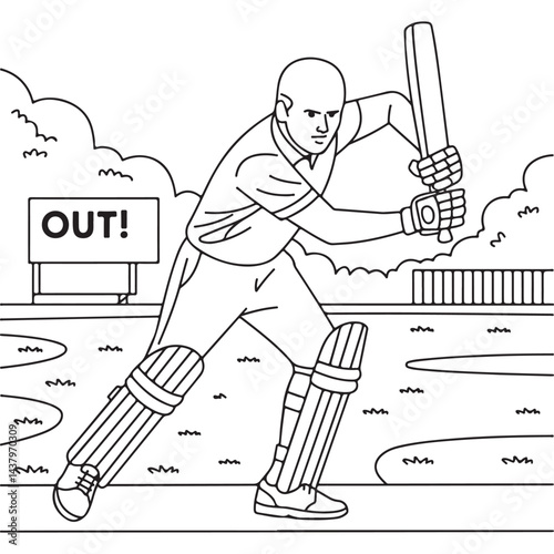 Cricket player in action, swinging the bat, ideal for an energetic coloring activity.