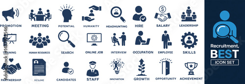 Recruitment Icon Set Collection A Comprehensive Set for HR, Job Search, Candidate Management, Staff, Skills, Resume, Employee, Occupation, Interview, Online Job, Training