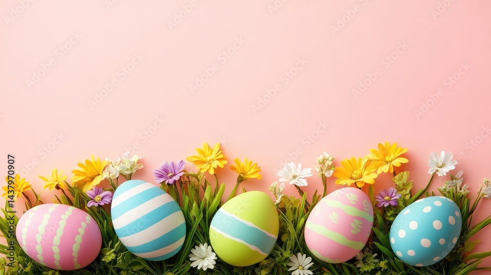 Bright multicolored eggs positioned along the bottom of a pastel pink background Bright multicolored eggs positioned along the bottom of a pastel pink background
