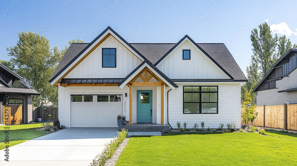 Obraz premium Freshly built white cottage home with wood trim and modern design, surrounded by greenery