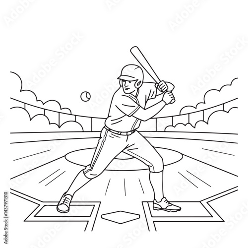 Line art of a cricket player batting, active coloring project.