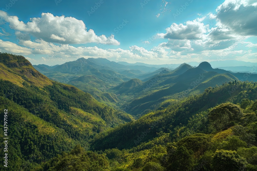 Obraz premium Serene Landscape of Lush Green Mountains Under Clear Blue Sky with Soft Clouds and Sunlight Over the Hills in Peaceful Natural Environment