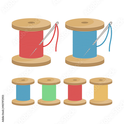 Colorful Sewing Threads on Wooden Spools with Needles on White Background

