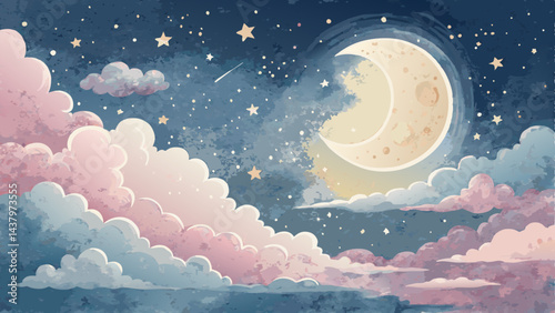 Watercolor Moonlit Night Background – Glowing Pastel Moon & Soft Clouds for Serene Calming Aesthetic (Copy Space Left)