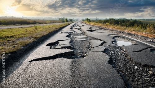 severely damaged road surface with large cracks and potholes possibly due to heavy rain or poor maintenance
