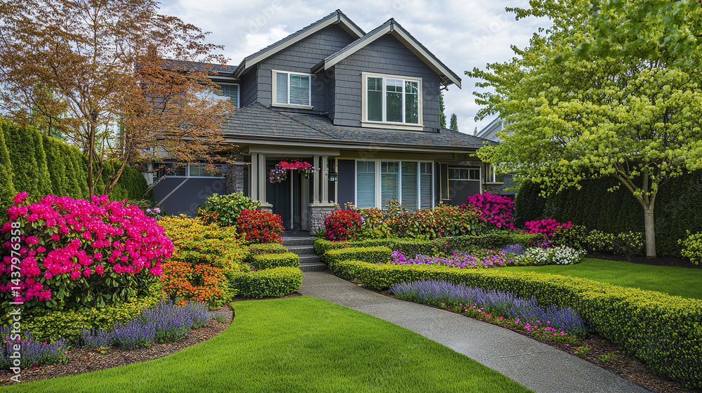 Naklejka premium beautiful house with well maintained front yard featuring colorful flowers and lush greenery