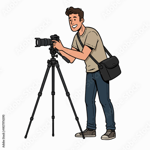 A vector illustration of a male photographer adjusting his camera on a tripod, wearing casual clothing and a camera bag, isolated on white background.