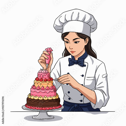 A vector illustration of a young chef in uniform decorating a gourmet cake with precision, focusing intently, isolated on a clean white background.