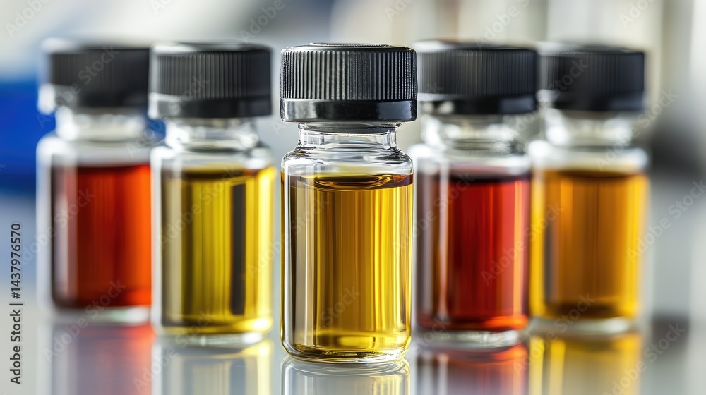 Neatly arranged vials of vaccine solution placed on a white reflective lab counter