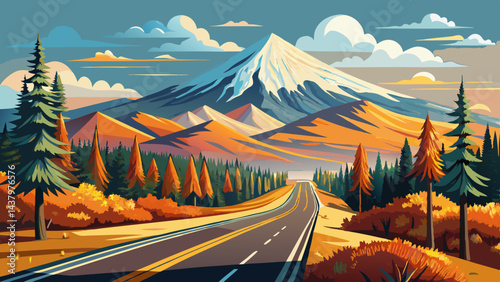 Road towards Mounts Shasta and Shastina in California, United States Highway 97 in Northern California heading South toward a mountain called Shasta volcano, USA, Very beautiful