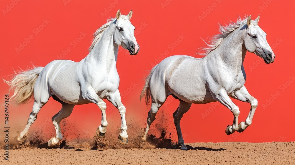 Fototapeta premium Playful young white horse kicking up dust against a vivid red background